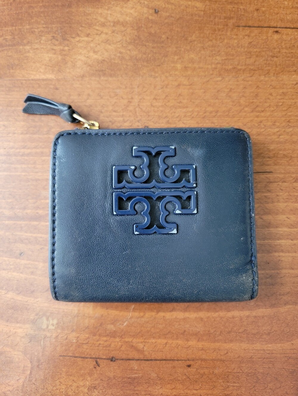 Tory Burch Small Smooth Leather Snap Bi-fold Wallet Navy Blue